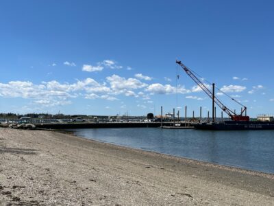 a body of water with a crane in the background (MyCoast AI)
