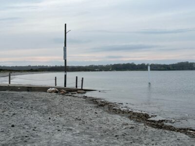 a beach with a dock and poles (MyCoast AI)