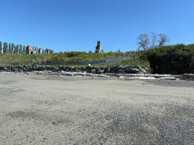 a rocky beach with a hill in the background (MyCoast AI)