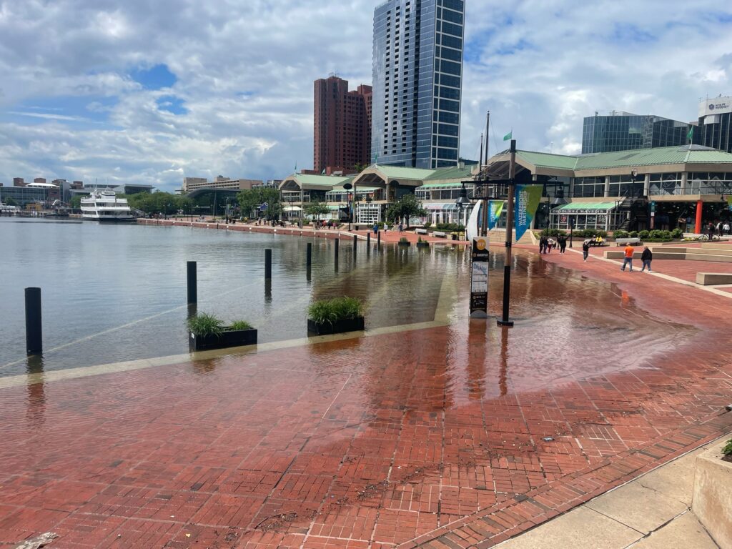 a brick walkway next to a body of water with buildings in the background (MyCoast AI)