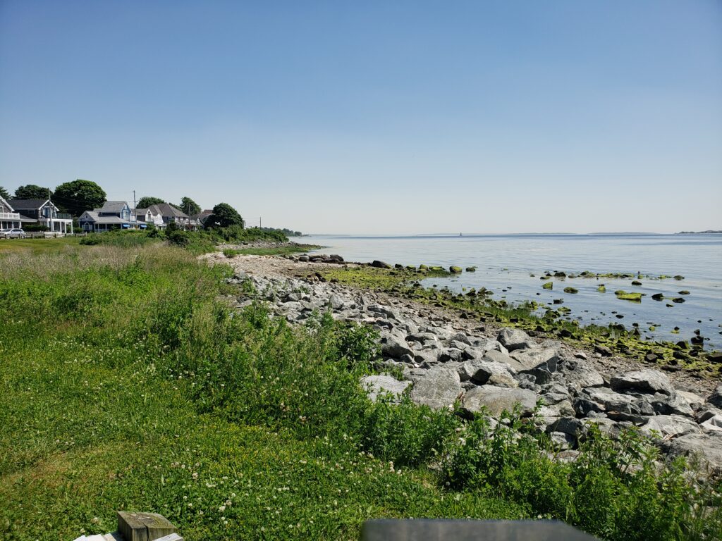 a rocky beach with houses and trees (MyCoast AI)