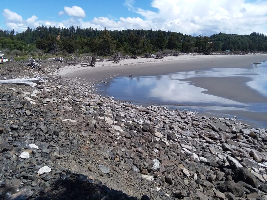 a rocky beach with a body of water and trees in the background (MyCoast AI)