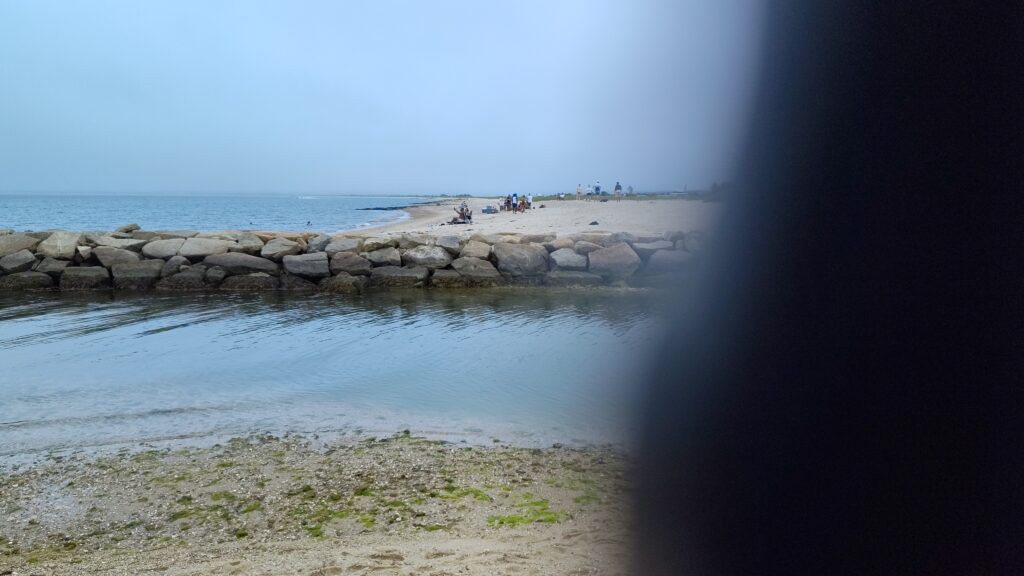 a body of water with rocks and a beach in the background (MyCoast AI)