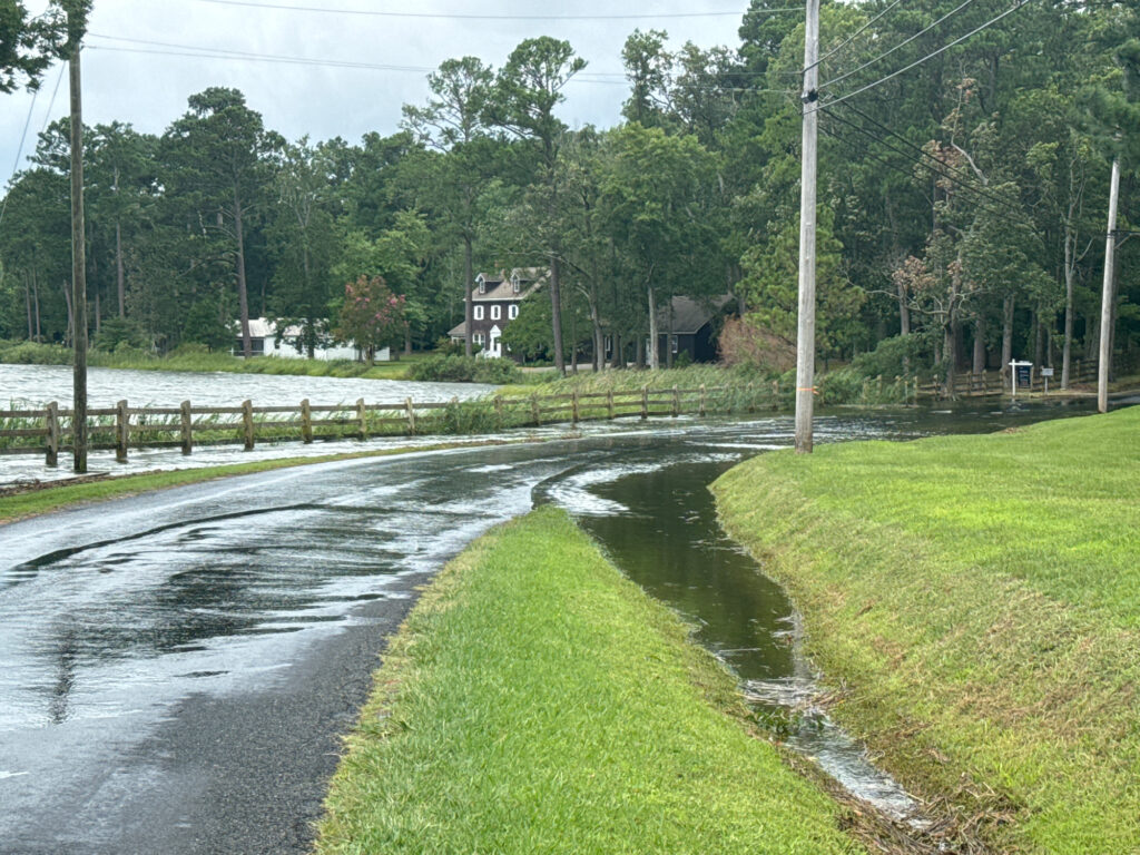 a flooded road with a house and trees on the side (MyCoast AI)