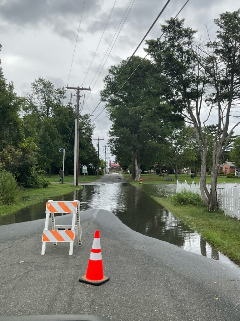 a flooded street with a traffic cone (MyCoast AI)