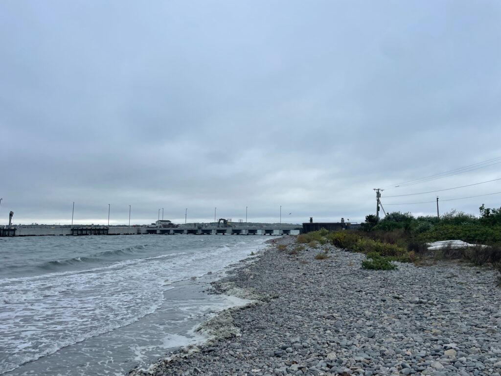 a rocky beach with a pier (MyCoast AI)