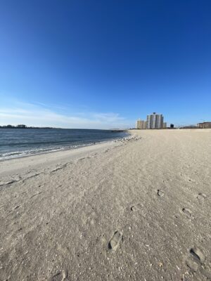 a sandy beach with buildings in the background (MyCoast AI)