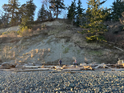 a group of people standing on a rocky hillside with trees and blue sky (MyCoast AI)