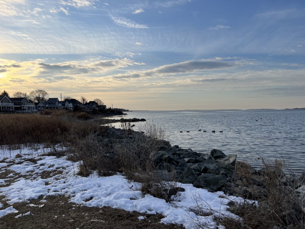 a snowy beach with houses and water (MyCoast AI)