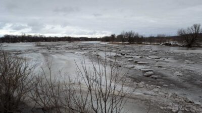 a frozen lake with trees and snow (MyCoast AI)