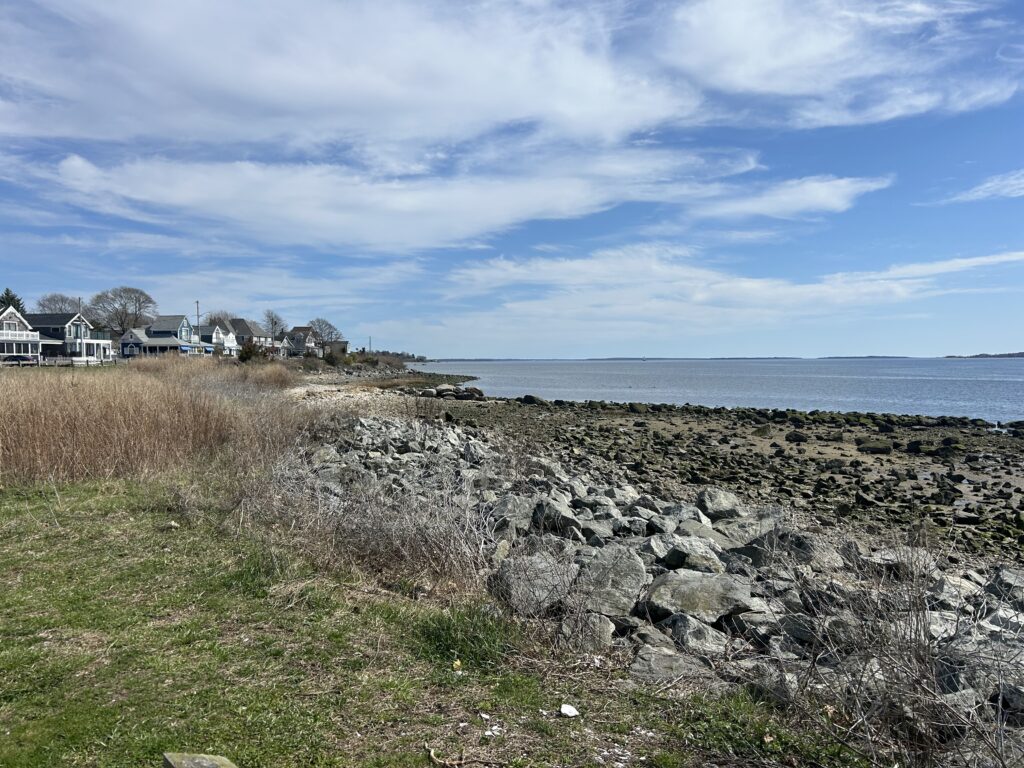 a rocky beach with houses and water (MyCoast AI)