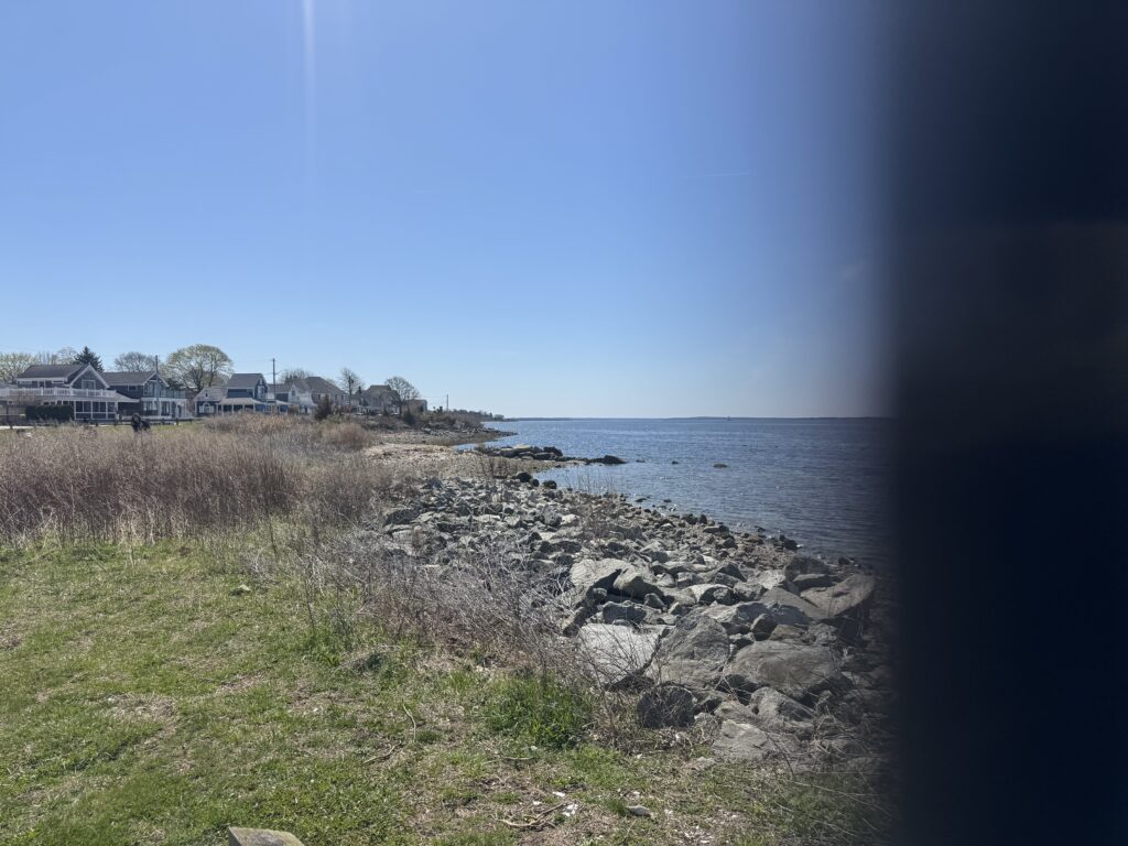 a rocky beach with houses in the background (MyCoast AI)