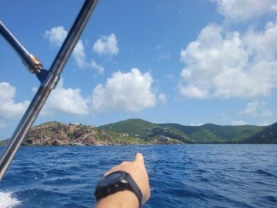 a hand holding a metal rod above water with hills in the background (MyCoast AI)