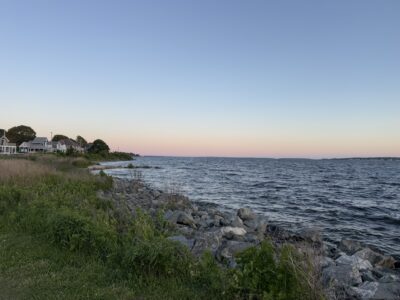 a rocky shore with houses and water (MyCoast AI)