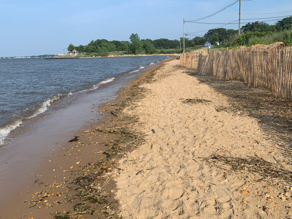 a sandy beach with a fence and trees in the background (MyCoast AI)