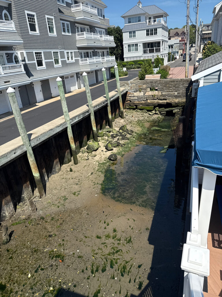 a muddy river between buildings (MyCoast AI)