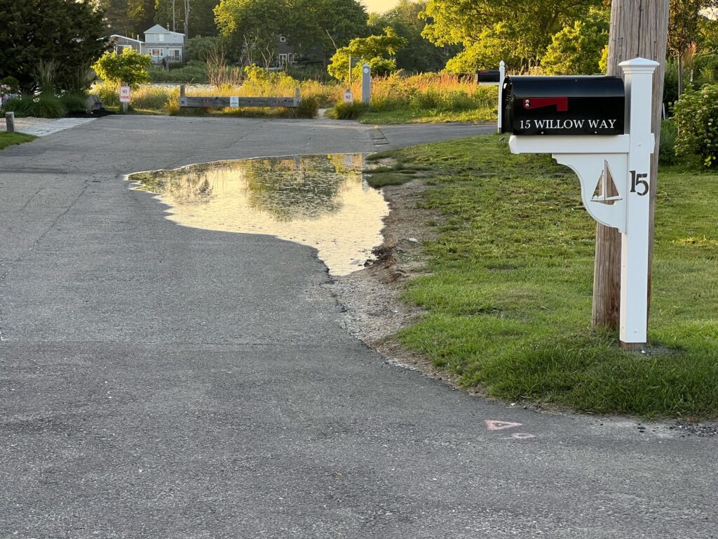 a flooded street with a sign (MyCoast AI)