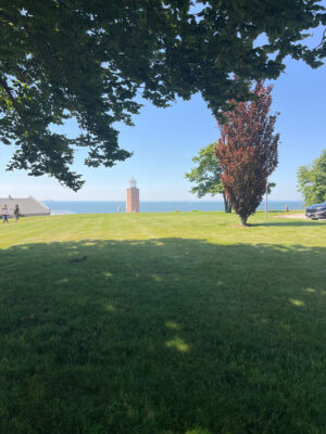 a grassy field with a lighthouse in the distance (MyCoast AI)