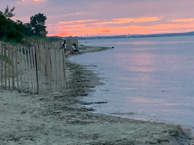 a beach with a fence and a body of water with a person on it (MyCoast AI)