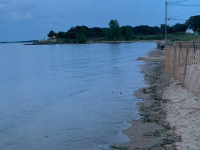 a body of water with a fence and trees in the background (MyCoast AI)