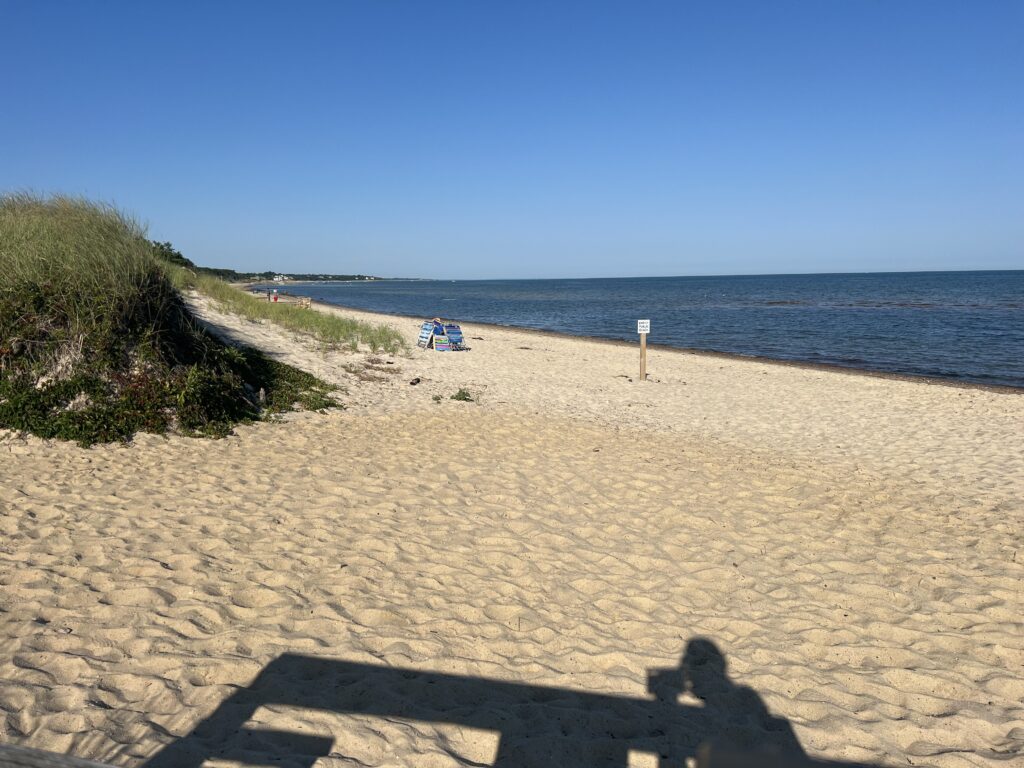 a sandy beach with a chair and a body of water in the background (MyCoast AI)