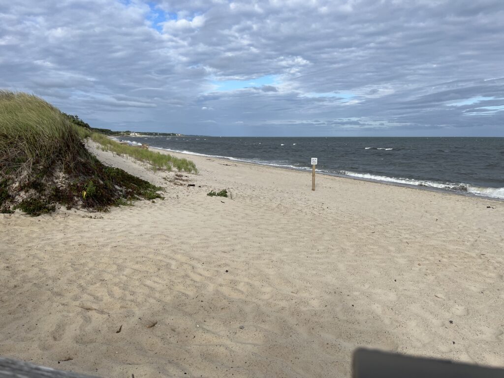 a sandy beach with a sign (MyCoast AI)