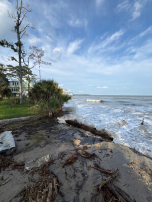 a rocky beach with a house in the background (MyCoast AI)