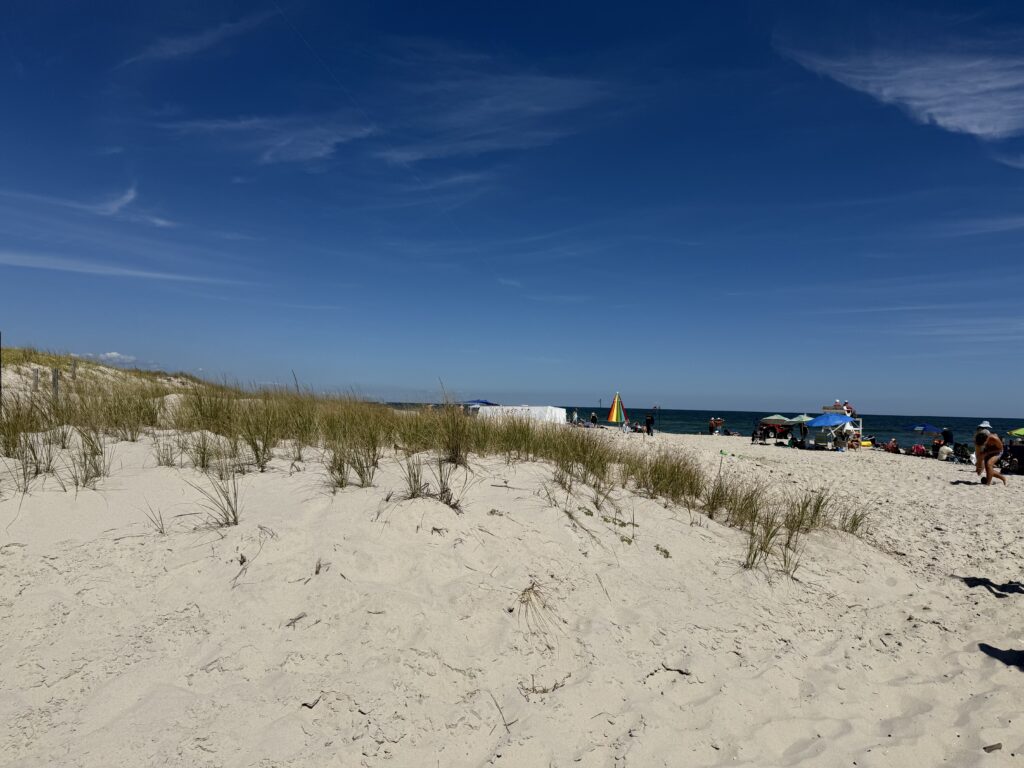a sandy beach with people and blue sky (MyCoast AI)