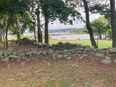 a stone wall with trees and grass (MyCoast AI)