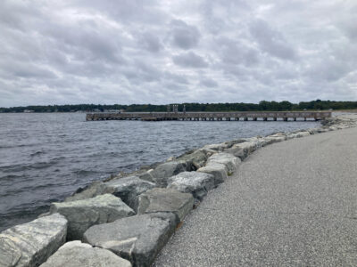 a rocky shore with a pier and a body of water in the background (MyCoast AI)