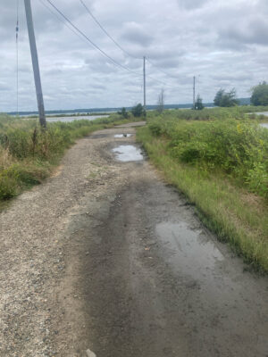 a muddy road with grass and power lines on either side of it (MyCoast AI)
