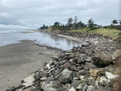 a rocky beach with a body of water and trees in the background (MyCoast AI)