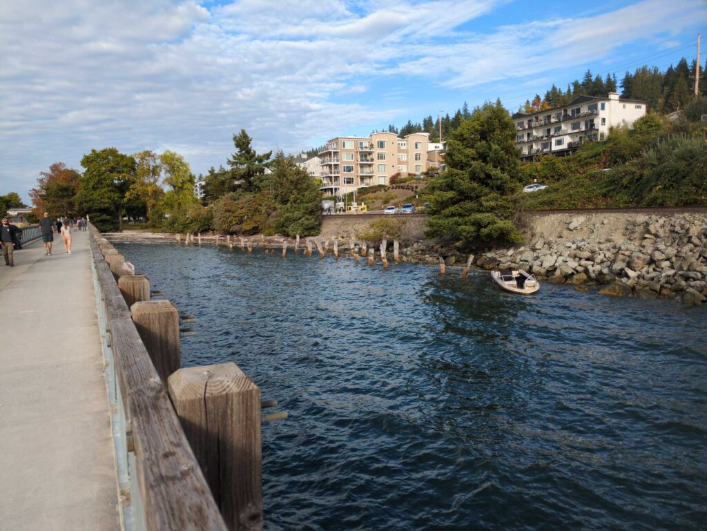 a body of water with a boat in it and buildings in the background (MyCoast AI)