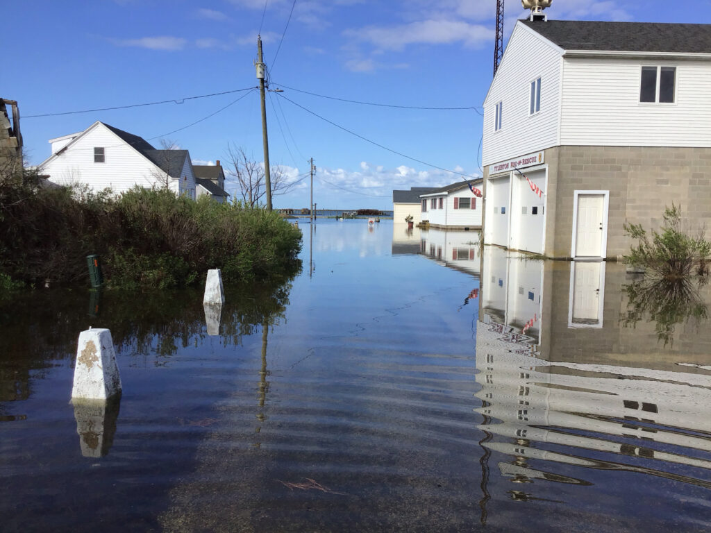 a flooded street with buildings and trees (MyCoast AI)