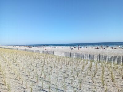 a beach with a fence and people (MyCoast AI)
