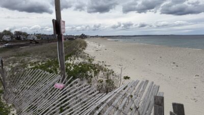 a beach with a wood fence (MyCoast AI)